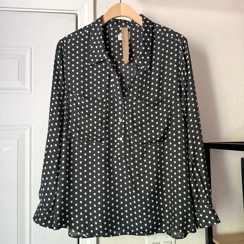 DIEGA black white polka dot viscose silk long sleeve popover‎ shirt blouse top